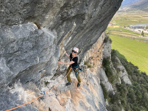 Kletterer, der an einer steilen Felswand in einer grünen Landschaft klettert.