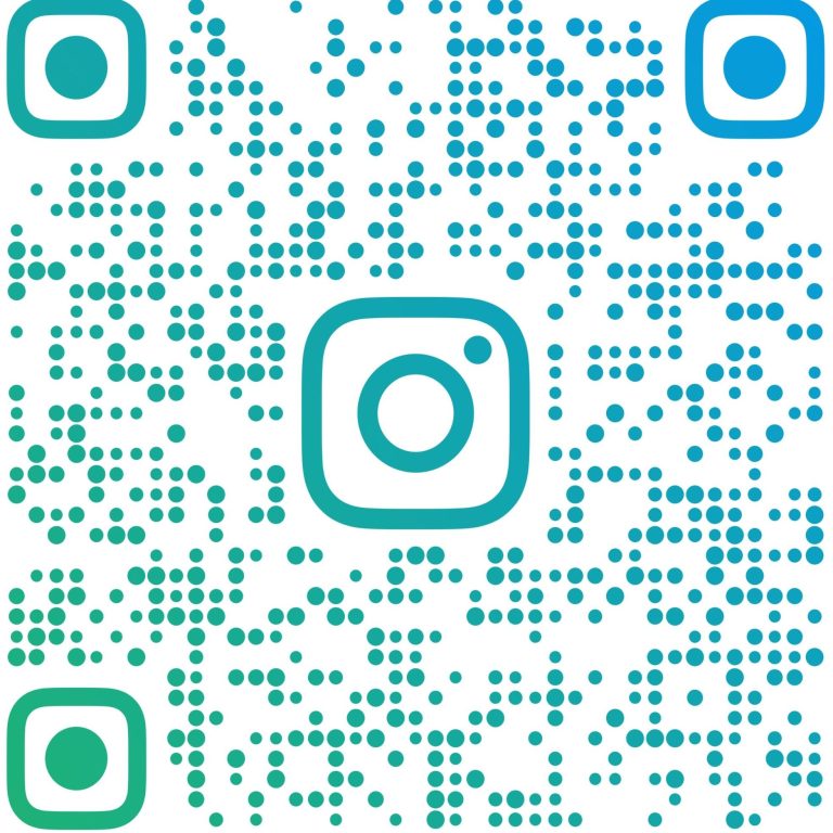 QR-Code für Instagram mit buntem Punktmuster in Blau- und Grüntönen.
