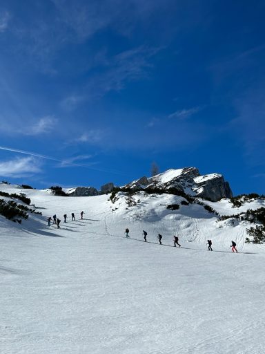 Skitouren Camp Rofan Skifahrer auf einer verschneiten Piste unter klarem, blauem Himmel.