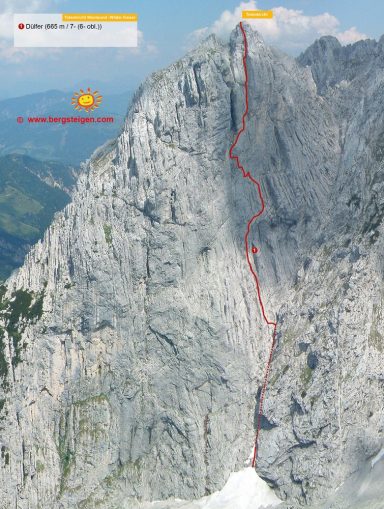Berglandschaft mit steiler Felswand und markiertem Kletterpfad.
