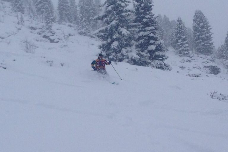 Skifahrer fährt durch frischen, tiefen Schnee in einer verschneiten Winterlandschaft.