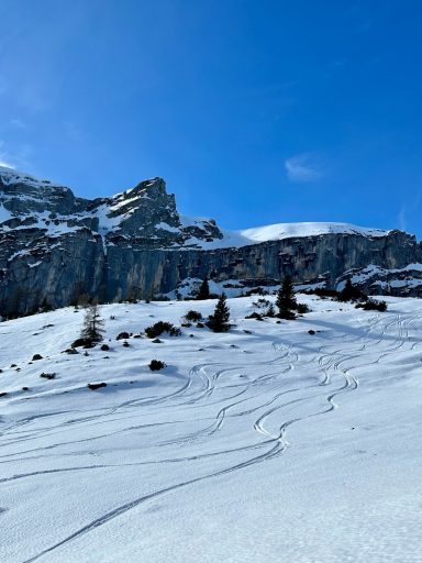 Skitouren Camp Rofan Schneebedeckte Landschaft mit Gebirgen und klar blauem Himmel.