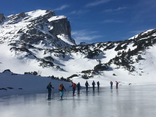 Skitouren Camp Rofan Gruppen von Menschen beim Skifahren auf einer verschneiten Fläche mit Bergen im Hintergrund.