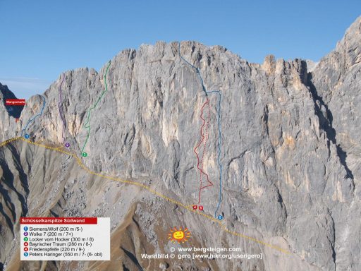 Karte mit Kletterrouten an einer Felswand in den Alpen, Markierungen verschiedener Schwierigkeitsgrade.