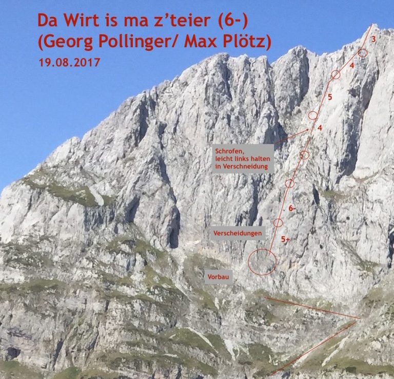 Steile Felswand mit Beschriftungen verschiedener Kletterrouten und Datum.