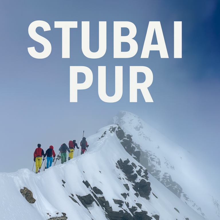 Gruppe von Bergsteigern auf einem schneebedeckten Berggipfel im Stubaital.