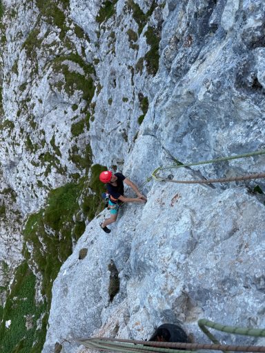 Bergsteiger in leuchtendem Helm klettert an einer steilen Felswand.
